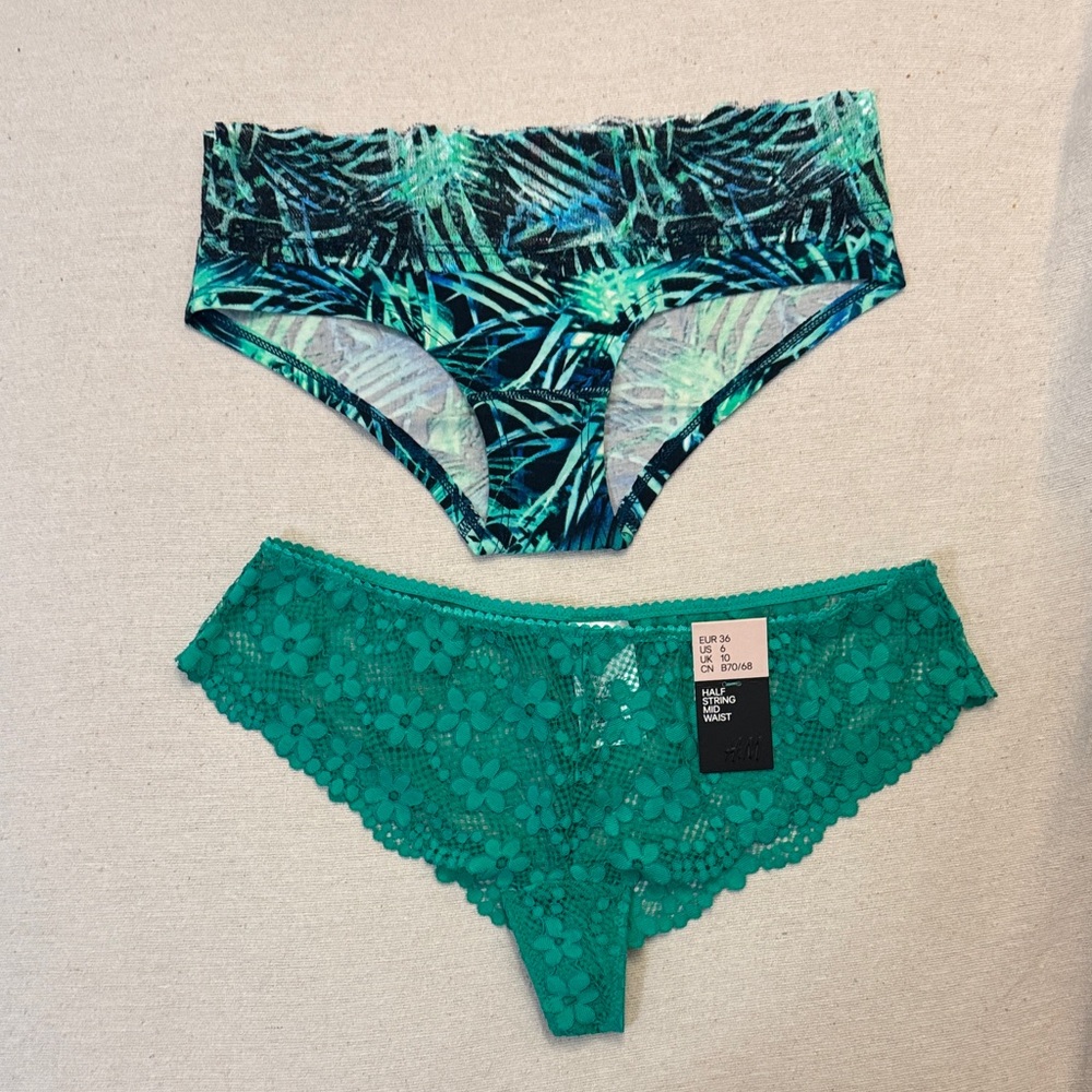 PINK VS Green Lace & Tropical Print Bikini Briefs + H&M Floral Lace Panty